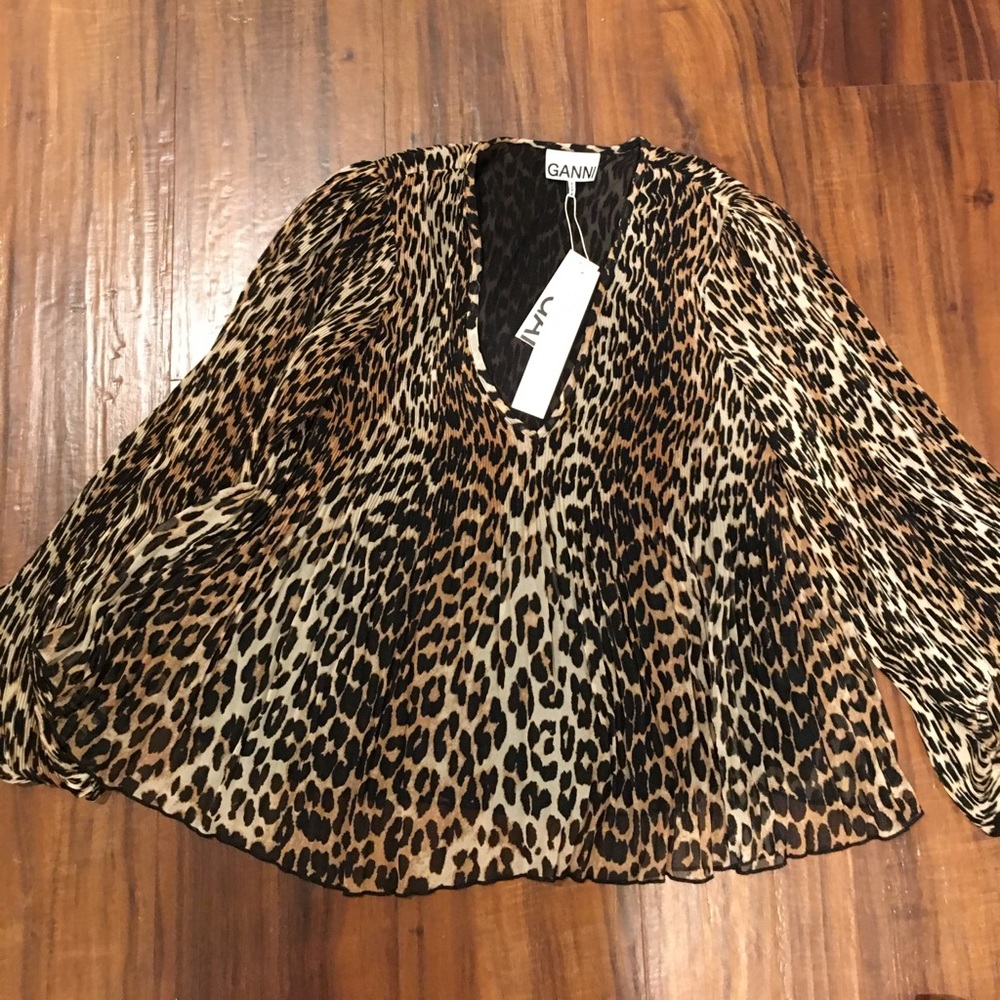 New Ganni plated georgette Leopard Top Blouse size M - Picture 7 of 15